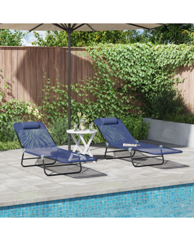 Chaises Longues Pliantes 2 pcs avec Une Têtière en Bleu Textilène | Mobilier & Déco