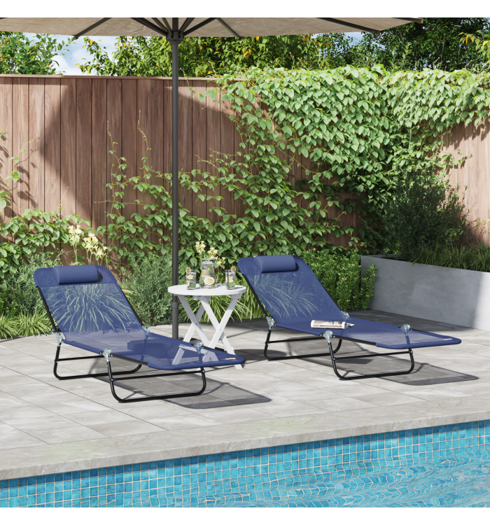 Chaises Longues Pliantes 2 pcs avec Une Têtière en Bleu Textilène | Mobilier & Déco
