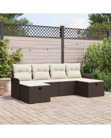Canapé de jardin 6 pièces avec coussins Marron Poly Rattan | Mobilier & Déco
