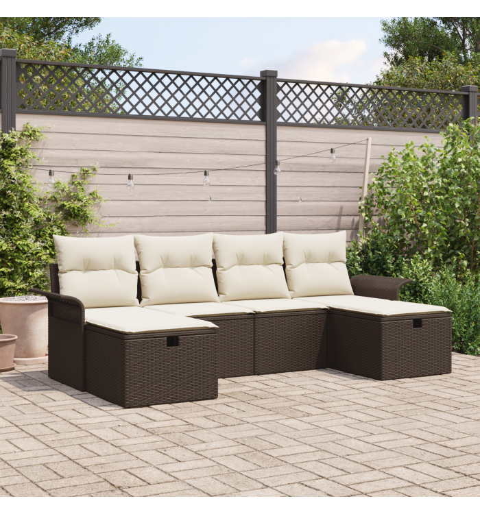 Canapé de jardin 6 pièces avec coussins Marron Poly Rattan | Mobilier & Déco