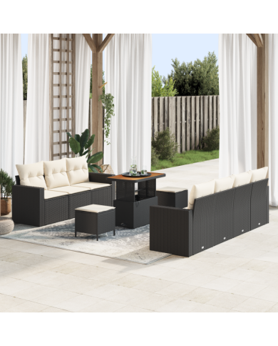 Ensemble de Canapés de Jardin de 10 Pièces avec Coussins Rattan Poly Noir Acacia | Mobilier & Déco