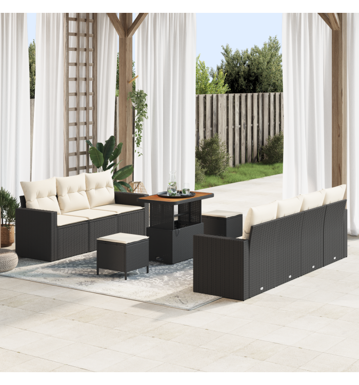 Ensemble de Canapés de Jardin de 10 Pièces avec Coussins Rattan Poly Noir Acacia | Mobilier & Déco