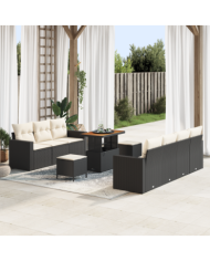 Ensemble de Canapés de Jardin de 10 Pièces avec Coussins Rattan Poly Noir Acacia | Mobilier & Déco