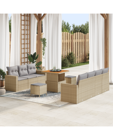 Canapé de jardin de 10 pièces avec coussins Beige Poly Rotin Acacia | Mobilier & Déco