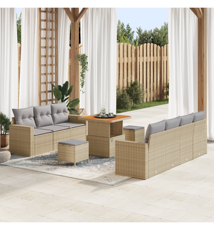Canapé de jardin de 10 pièces avec coussins Beige Poly Rotin Acacia | Mobilier & Déco