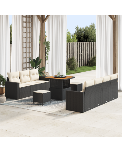 Ensemble de Canapé de Jardin 10 Pièces avec Coussins en Rotin Poly Noir Acacia | Mobilier & Déco
