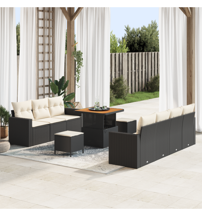 Ensemble de Canapé de Jardin 10 Pièces avec Coussins en Rotin Poly Noir Acacia | Mobilier & Déco