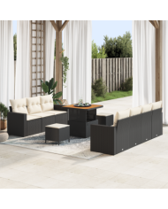 Ensemble de Canapé de Jardin 10 Pièces avec Coussins en Rotin Poly Noir Acacia | Mobilier & Déco