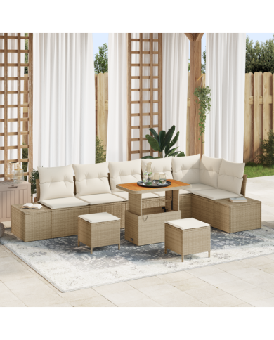 Ensemble de Canapés de Jardin 9 pièces avec coussins beiges en poly rattan acacia | Mobilier & Déco
