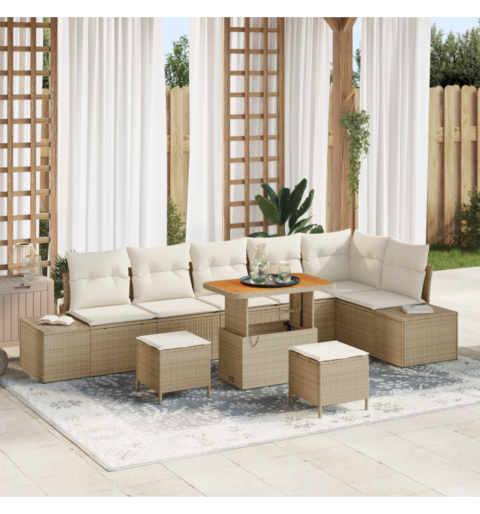 Ensemble de Canapés de Jardin 9 pièces avec coussins beiges en poly rattan acacia | Mobilier & Déco