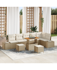 Ensemble de Canapés de Jardin 9 pièces avec coussins beiges en poly rattan acacia | Mobilier & Déco