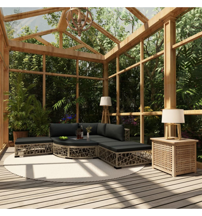 Salon de jardin 6 pcs avec coussins résine tressée gris | Mobilier & Déco