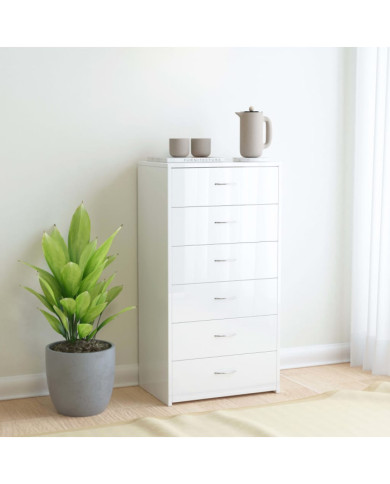 Buffet avec 6 tiroirs Blanc brillant 50x34x96cm Bois ingénierie | Mobilier & Déco