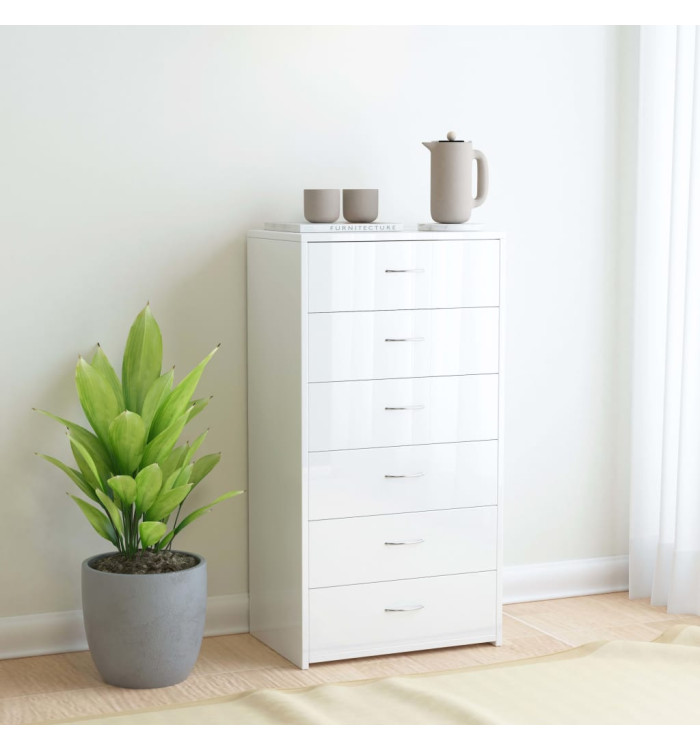 Buffet avec 6 tiroirs Blanc brillant 50x34x96cm Bois ingénierie | Mobilier & Déco