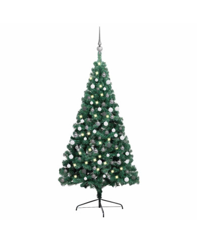 Demi-arbre de Noël artificiel pré-éclairé et boules vert 150 cm | Mobilier & Déco