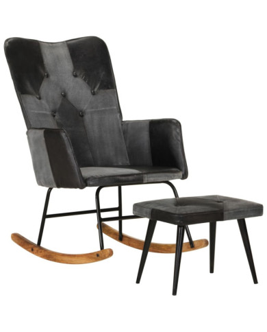 Chaise à bascule et repose-pieds Marron Noir véritable et toile | Mobilier & Déco