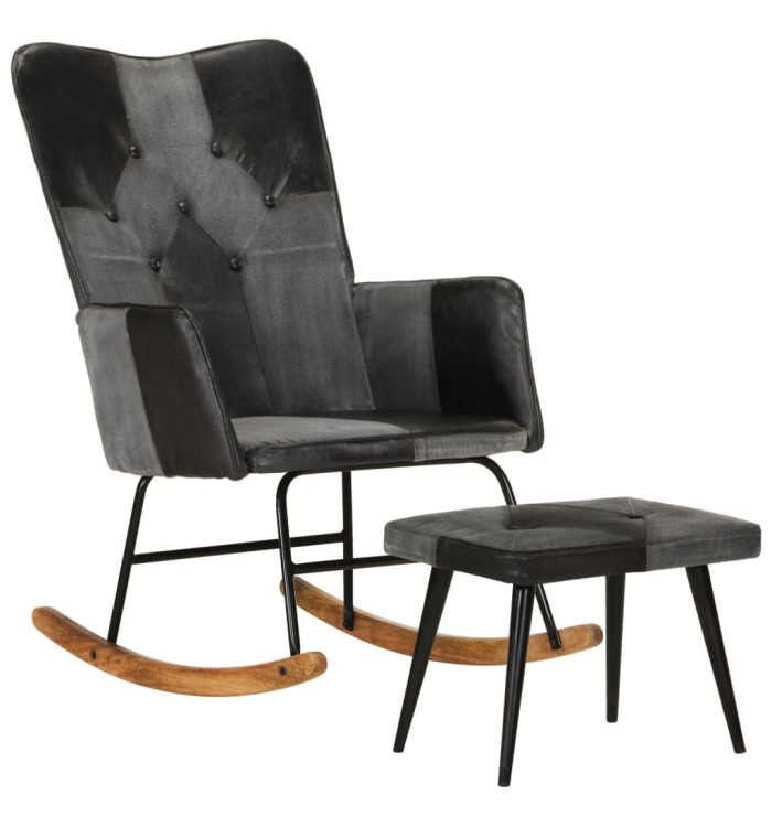 Chaise à bascule et repose-pieds Marron Noir véritable et toile | Mobilier & Déco