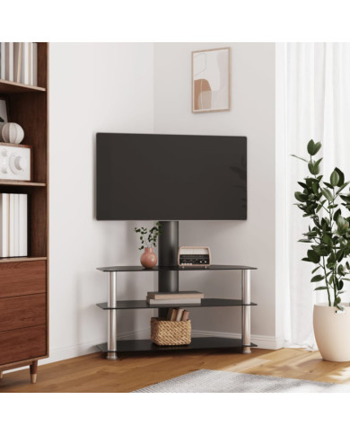 Meuble TV d'angle 3 niveaux pour 32-70 pouces noir et argenté | Mobilier & Déco