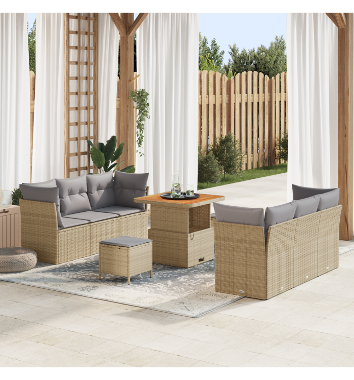 Ensemble de Canapé de Jardin 9 Pièces avec Coussins Beige Rotin Poly Acacia | Mobilier & Déco