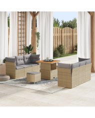 Ensemble de Canapé de Jardin 9 Pièces avec Coussins Beige Rotin Poly Acacia | Mobilier & Déco