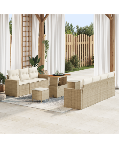 Canapés de Jardin 10 pièces avec Coussins Beiges en Osier Poly Acacia | Mobilier & Déco