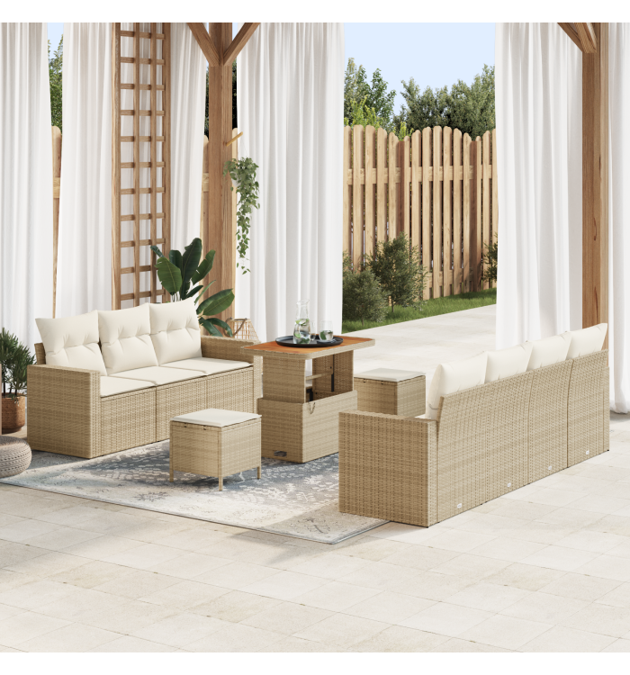 Canapés de Jardin 10 pièces avec Coussins Beiges en Osier Poly Acacia | Mobilier & Déco