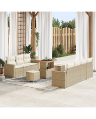 Canapés de Jardin 10 pièces avec Coussins Beiges en Osier Poly Acacia | Mobilier & Déco