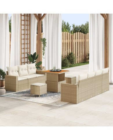 Ensemble Canapé de Jardin de 10 Pièces avec Coussins Beige Rattan Poly Acacia | Mobilier & Déco