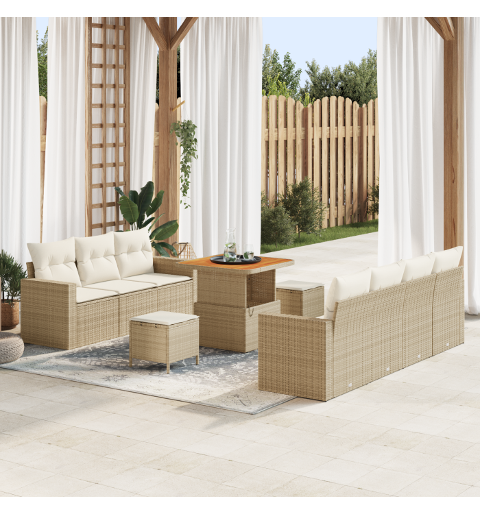 Ensemble Canapé de Jardin de 10 Pièces avec Coussins Beige Rattan Poly Acacia | Mobilier & Déco