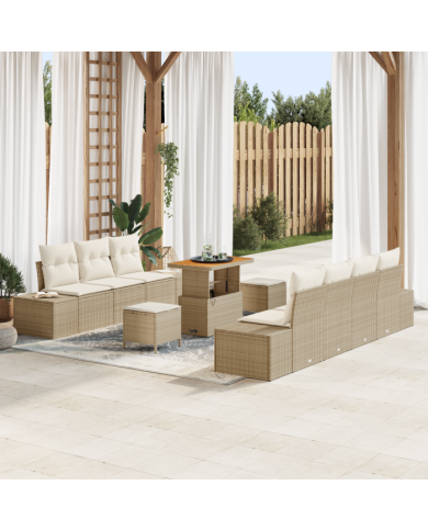 Ensemble de canapé de jardin 10 pièces avec coussins beige poly rotin | Mobilier & Déco