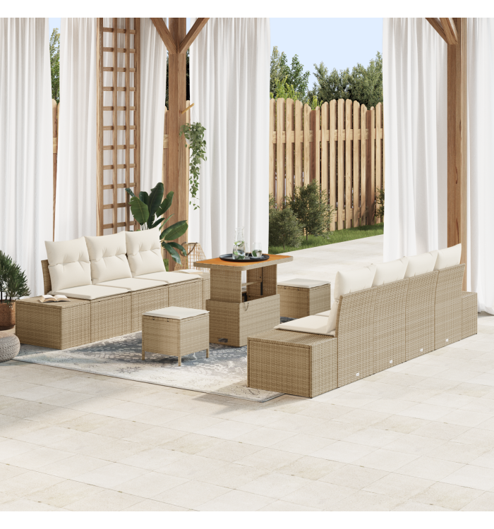 Ensemble de canapé de jardin 10 pièces avec coussins beige poly rotin | Mobilier & Déco