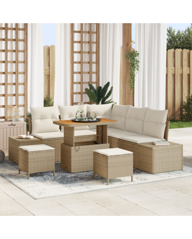 Ensemble de canapés de jardin 8 pièces avec coussins Beige Poly Rotin Acacia | Mobilier & Déco