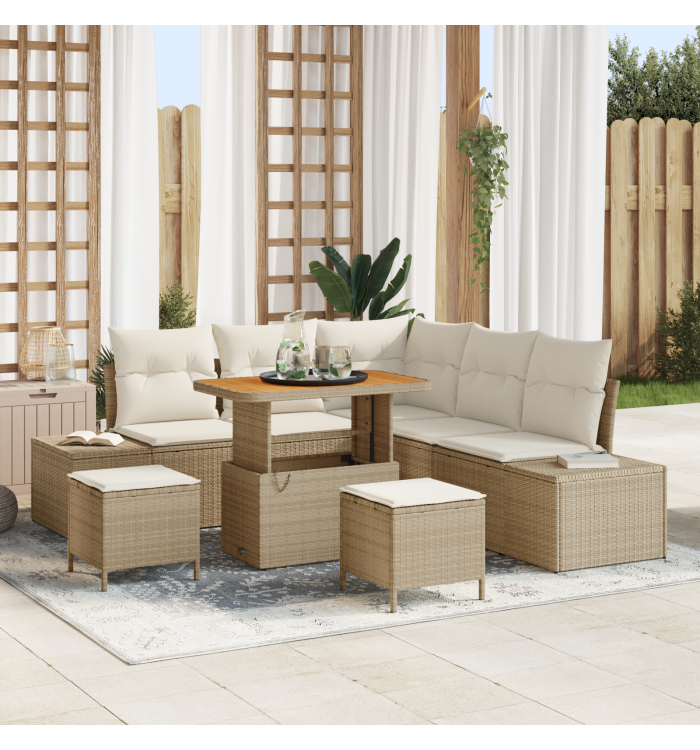 Ensemble de canapés de jardin 8 pièces avec coussins Beige Poly Rotin Acacia | Mobilier & Déco