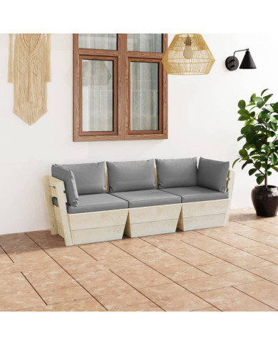 Canapé palette à 3 places de jardin avec coussins Bois d'épicéa | Mobilier & Déco