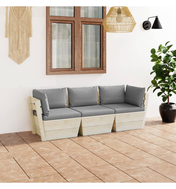 Canapé palette à 3 places de jardin avec coussins Bois d'épicéa | Mobilier & Déco