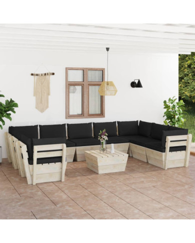 Salon de jardin palette 10 pcs avec coussins bois d'épicéa | Mobilier & Déco