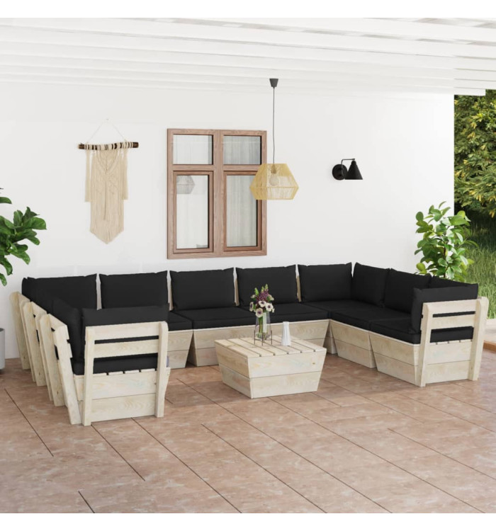 Salon de jardin palette 10 pcs avec coussins bois d'épicéa | Mobilier & Déco