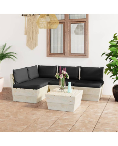 Salon de jardin palette 5 pcs avec coussins bois d'épicéa | Mobilier & Déco