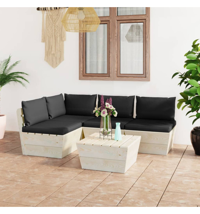 Salon de jardin palette 5 pcs avec coussins bois d'épicéa | Mobilier & Déco
