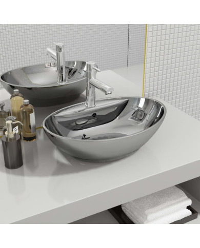 Lavabo avec trop-plein 58,5 x 39 x 21 cm Céramique Argenté | Mobilier & Déco