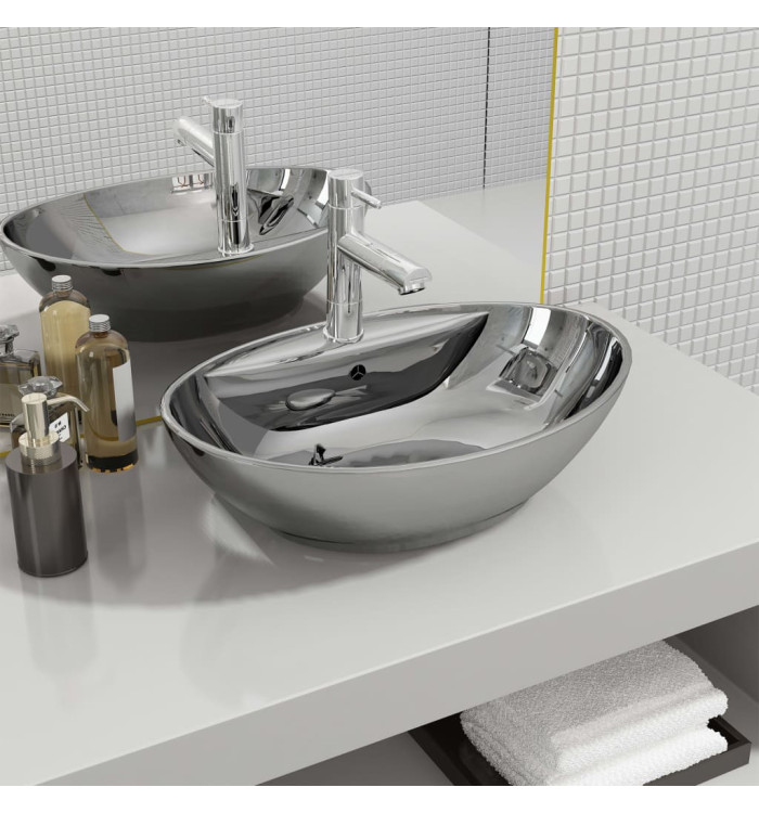 Lavabo avec trop-plein 58,5 x 39 x 21 cm Céramique Argenté | Mobilier & Déco