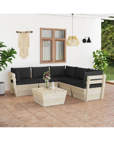 Salon de jardin palette 6 pcs avec coussins bois d'épicéa | Mobilier & Déco