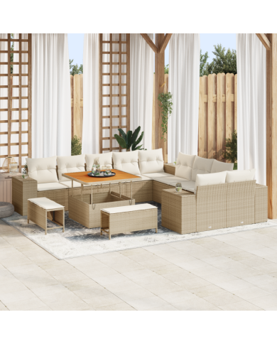 Ensemble de Canapé de Jardin 13 pièces avec Coussins Beige Poly Rotin Acacia | Mobilier & Déco