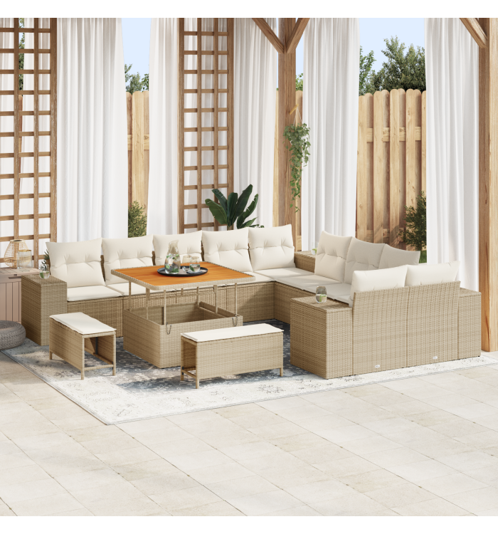 Ensemble de Canapé de Jardin 13 pièces avec Coussins Beige Poly Rotin Acacia | Mobilier & Déco