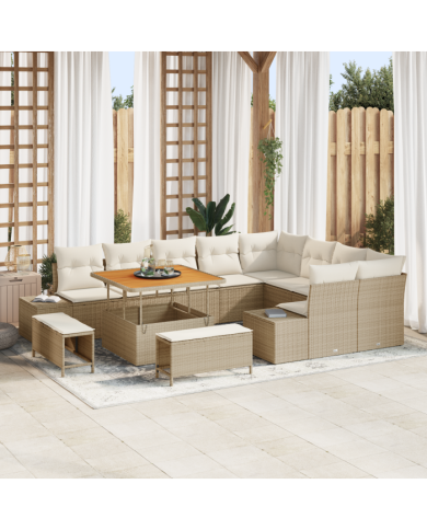 Ensemble de Sofa de Jardin 12 Pièces avec Coussins Beige Rotin PE Acacia | Mobilier & Déco