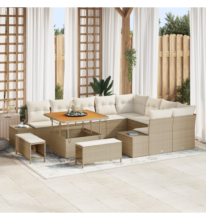 Ensemble de Sofa de Jardin 12 Pièces avec Coussins Beige Rotin PE Acacia | Mobilier & Déco