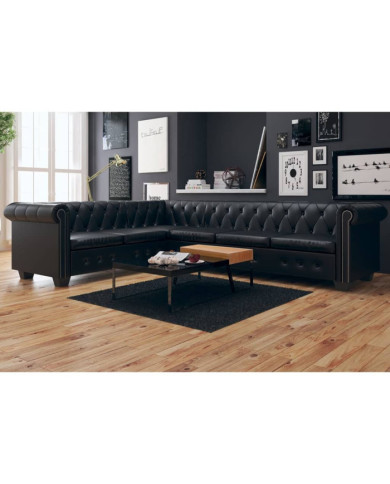 Canapé d'angle Chesterfield 6 places Cuir synthétique Noir | Mobilier & Déco