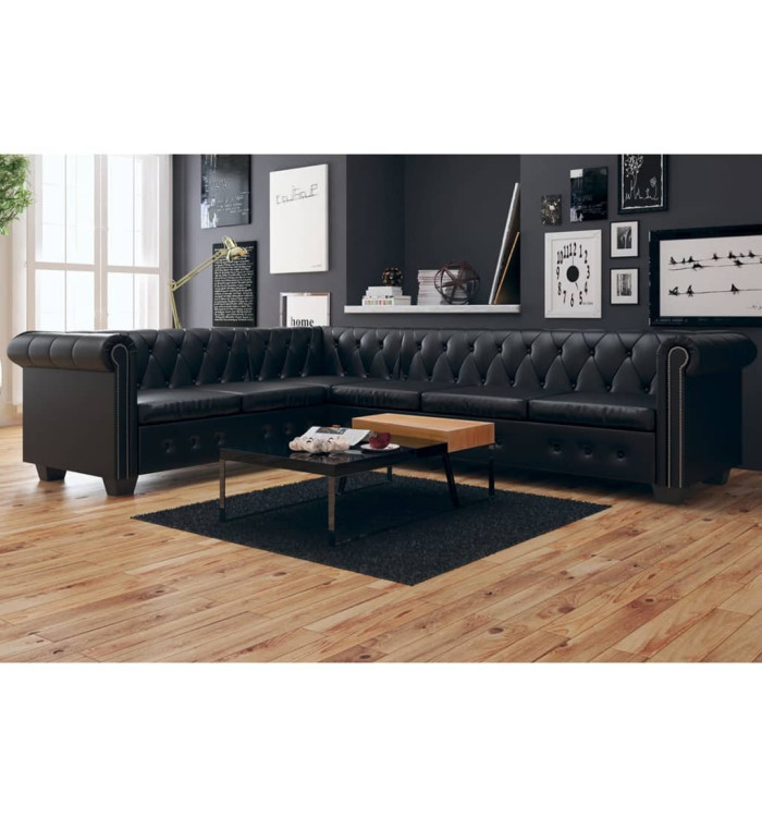 Canapé d'angle Chesterfield 6 places Cuir synthétique Noir | Mobilier & Déco