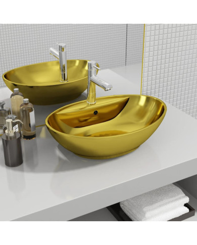 Lavabo avec trop-plein 58,5 x 39 x 21 cm Céramique Doré | Mobilier & Déco