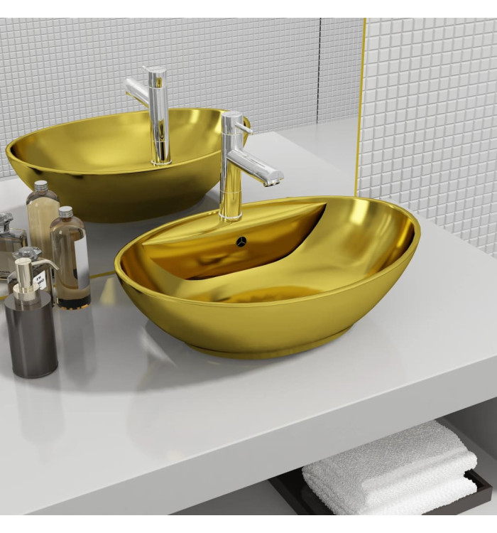 Lavabo avec trop-plein 58,5 x 39 x 21 cm Céramique Doré | Mobilier & Déco